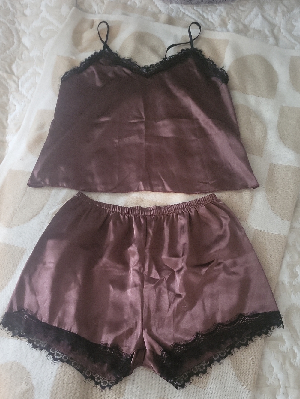Silky Lace-Trim Cami & Short Set in Rich Chocolate Brown - Picture 2 of 6